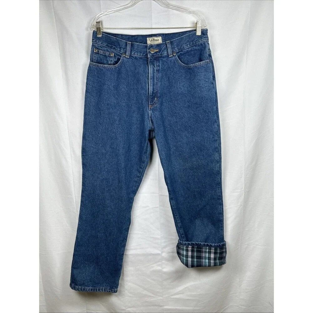 Vtg 90s L.L. Bean Plaid Flannel Lined Original Fit Denim Jeans Women’s 16 R Blue